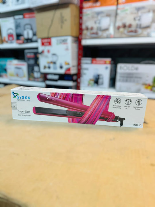 Syska hair straightener with keratin plates from Ajwa Imports box preview